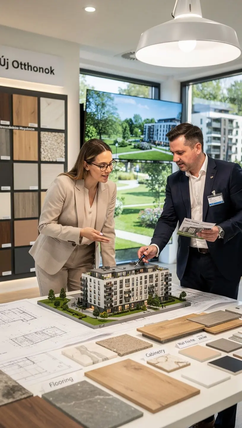 Építkezés alatt álló lakópark fotója, zöld környezettel és kényelmes közlekedési lehetőségekkel.