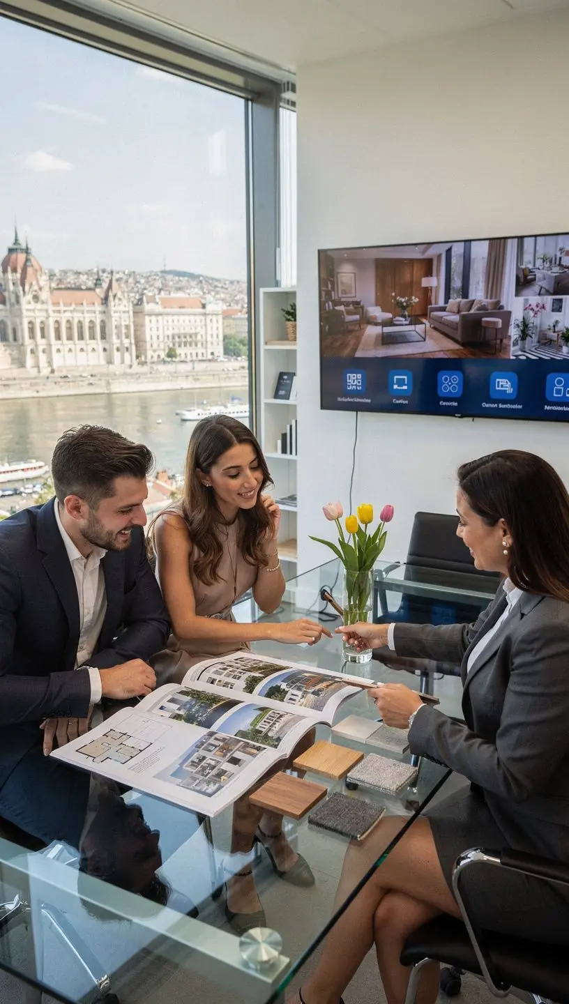 Modern belső tér példája, amely a vevők által választható stílusokat és anyagokat ábrázolja.